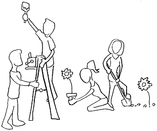 Illustration. Two couples work together at household chores.