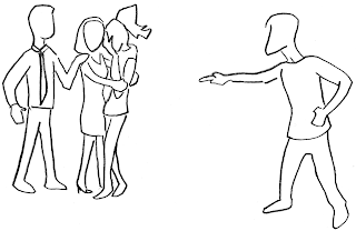 Illustration: a couple stands with the woman, the three close together on the left. A man at a distance on the left points at them accusingly.