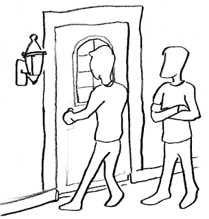 Illustration: two men struggle at a door.