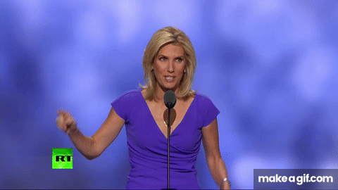 Gif of Laura Ingraham at the RNC, finishing her speech and then raising her stiffened right arm from the shoulder at a 45° angle palm flat, fingers held together and extended.