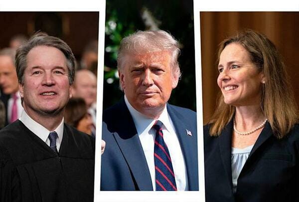 Three photos: one of Brett Kavanaugh, one of Donald Trump, and one of Amy Coney Barrett.