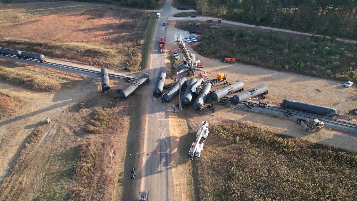 Arial shot of a train derailment.