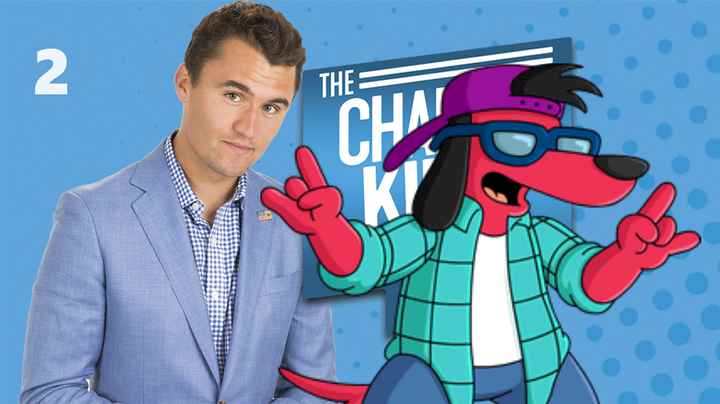 Promotional still for The Charlie Kirk Show. The Simpsons character Poochie has been overlayed.
