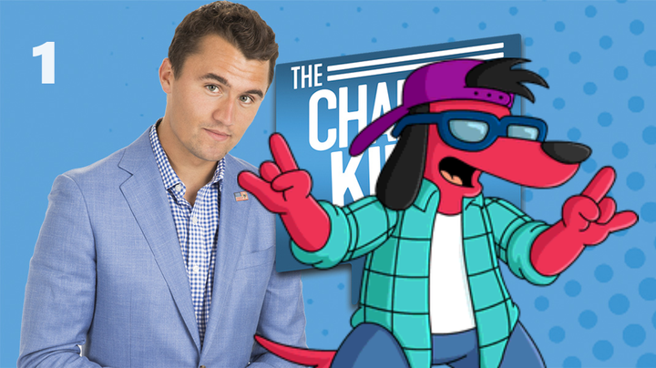 Promotional still for The Charlie Kirk Show. The Simpsons character Poochie has been overlayed.