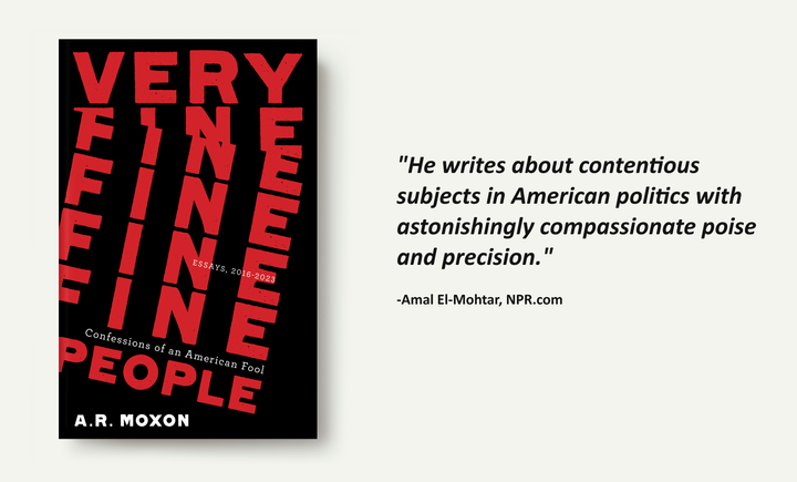 A cover of the book Very Fine People by A.R. Moxon, and a blurb from Amal El-Mohtar, writing for NPR.com