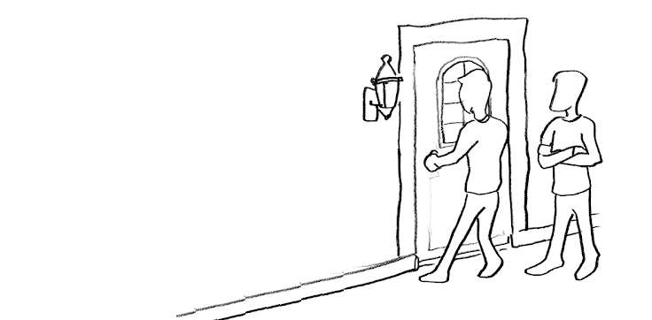 Illustration. Two men struggle at a door.