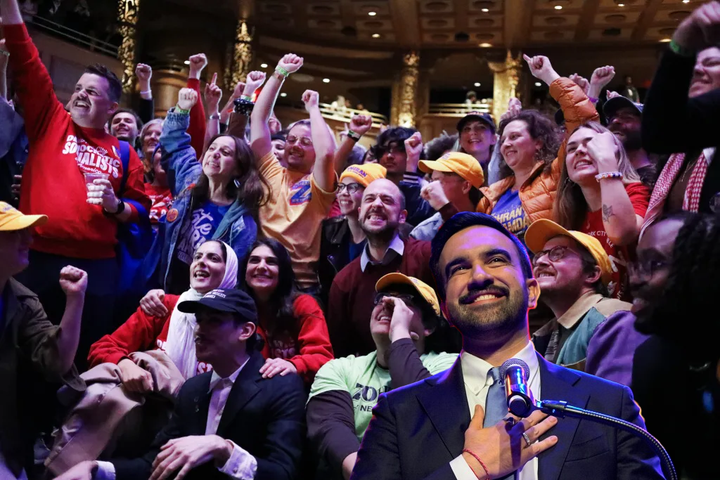 Zohran Mamdani supporter celebrate, Credit: Alex Krales/THE CITY. Superimposed over this is a photo of Zohran Mamdani at his acceptance speech, credit AP Photo/Yuki Iwamura